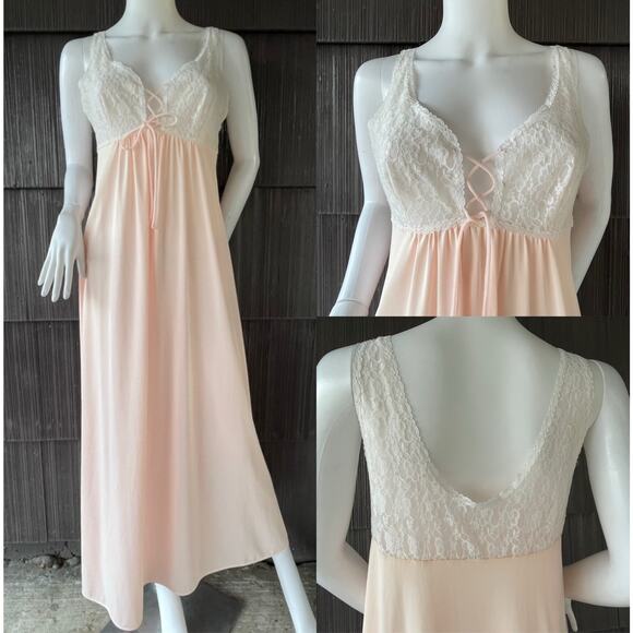 🔥Vintage LORRAINE Light Pink Lace Keyhole Tie Full Length Nightgown Lingerie S
